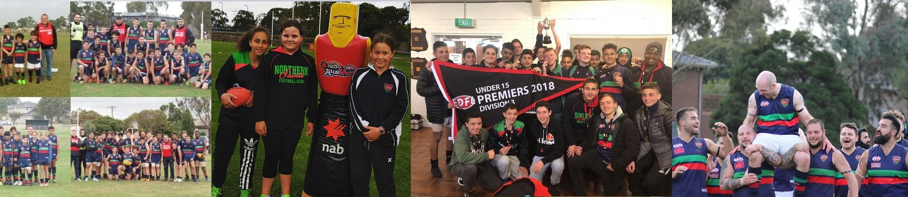 Northern Saints teams across the years — Auskick, juniors, U15 2018 premiers, seniors